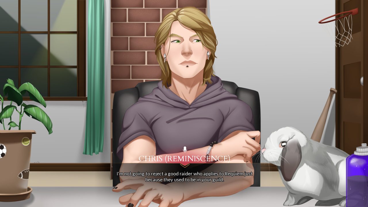 Chris talking with the player character in Emberfate: Tempest of Elements. He is sitting at a table with a potted plant and a rabbit on it. There is also equipment for various sports throughout the room.
