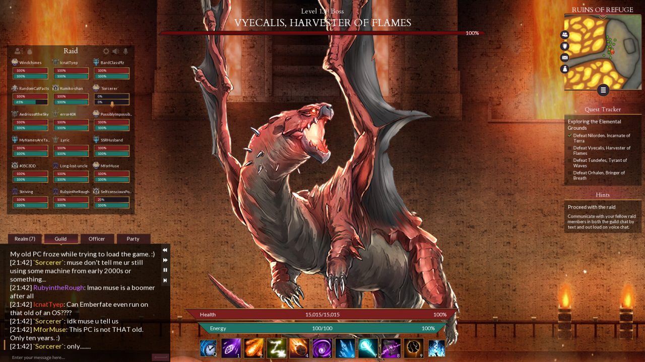 A "battle" in Emberfate: Tempest of Elements. The player confronts a red dragon enemy in a dark crypt.