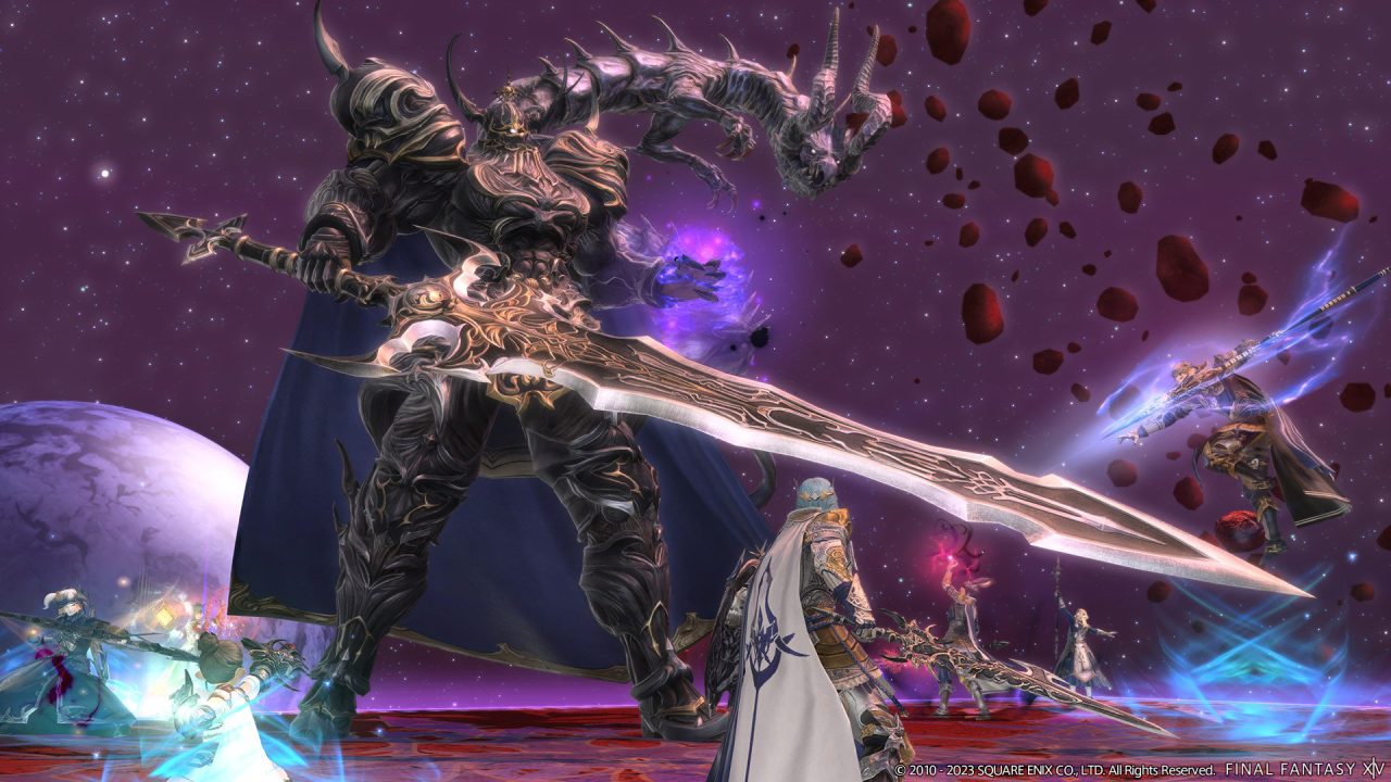 Final Fantasy XIV Endwalker: Patch 6.4 screenshot of a party of adventurers fighting Golbez and a dragon on a red platform on the moon with the desolate world of the Thirteenth visible on the horizon.