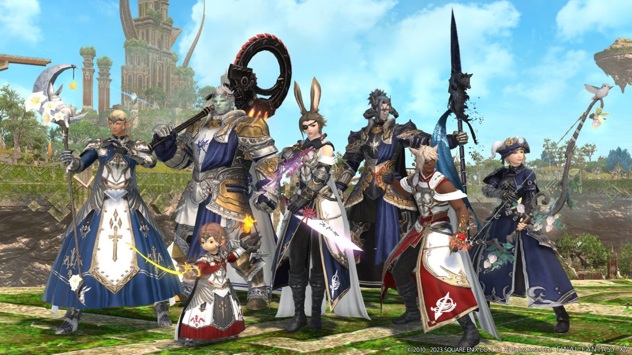Final Fantasy XIV Endwalker: Patch 6.4 screenshot of a collection of adventurers wearing the new tome gear.