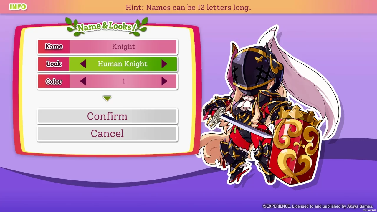 Character creation page for a human knight in Mon-Yu.
