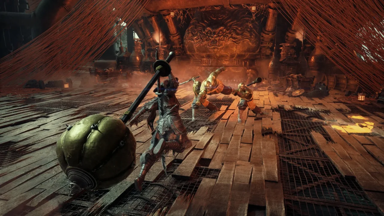 Soul using a heavy weapon against three of the game's flanking monk enemies in Phantom Blade Zero.
