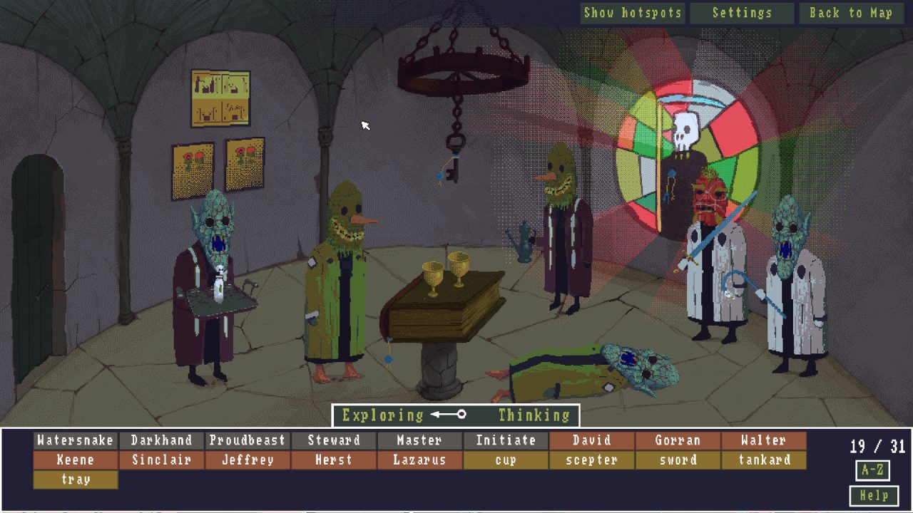 Masked characters in The Case of the Golden Idol.