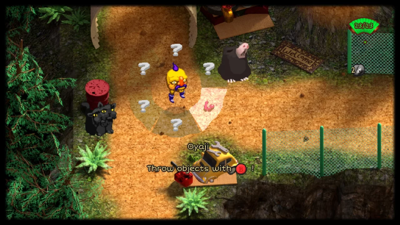Home takes on the form of Oyaji, a burly head with a point of hair and legs with the ability to pick up and throw items.