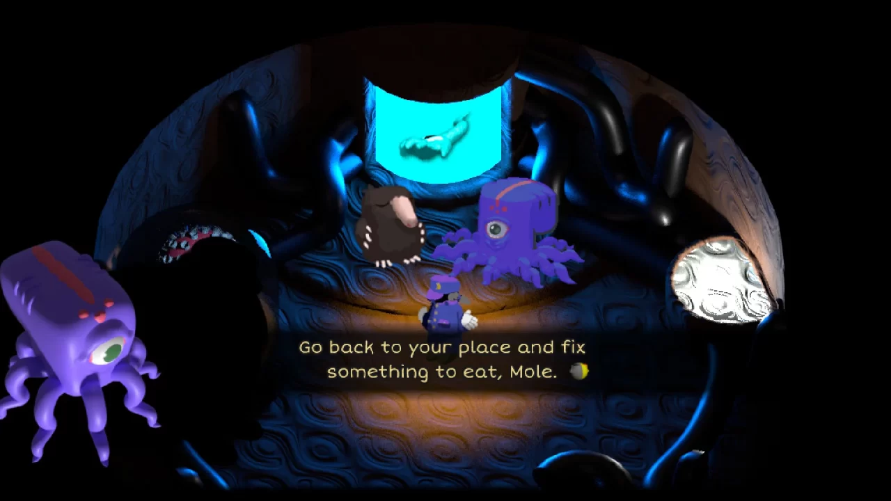 24 Killers screenshot of a purple octopus-like alien in a UFO, saying, Go back to your place and fix something to eat, Mole.