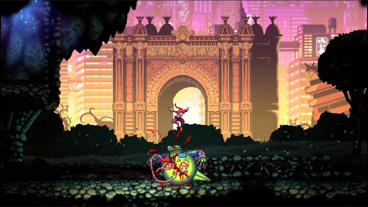 Jack performing a Killshift on a lizard-like enemy in a rocky wooded foreground with Neo Barcelona's Arc de Triomf in the background.