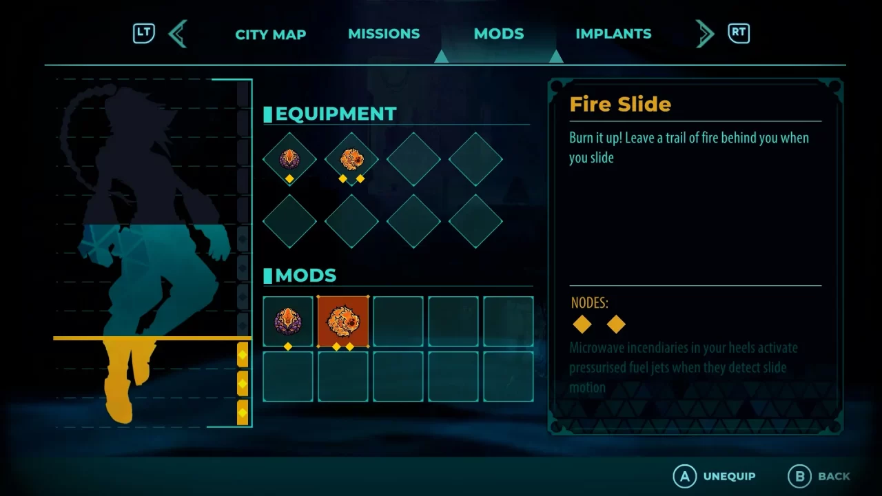 Altered Alma's Mods menu with the Fire Slide ability highlighted, that leaves a trail of fire during a slide attack.