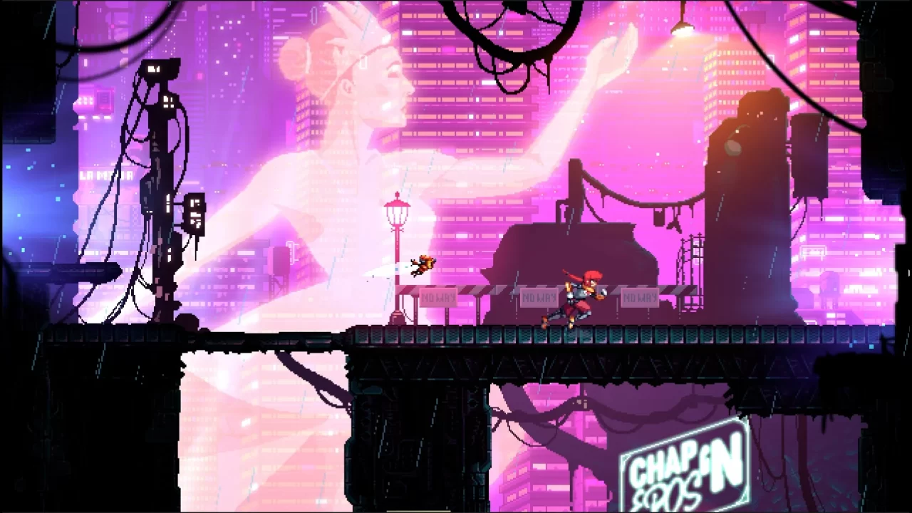 Jacks runs through the city against neon lights and a massive ballerina hologram.
