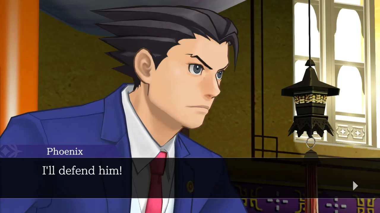 An Apollo Justice: Ace Attorney Trilogy screenshot of Phoenix Wright speaking. His text box reads, "I'll defend him!"