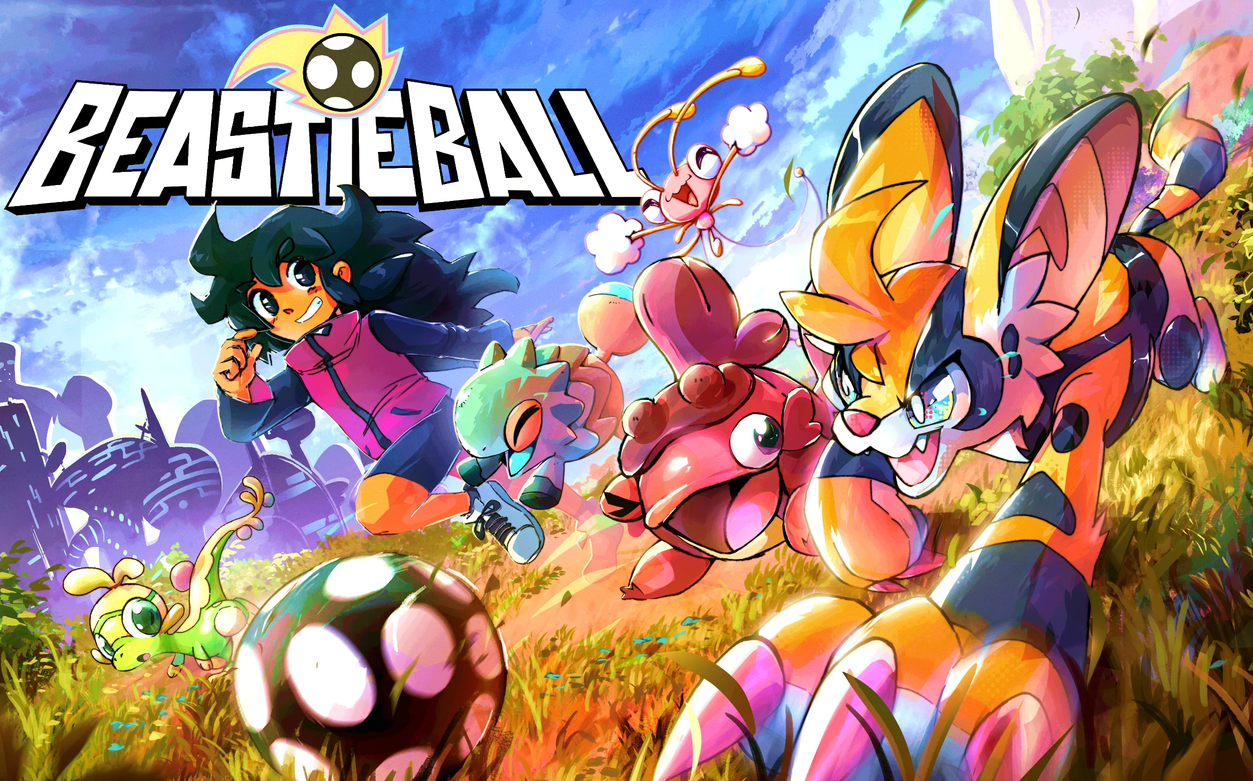 Beastieball Artwork of a human character running through a field with their colorful Beasties playing volleyball