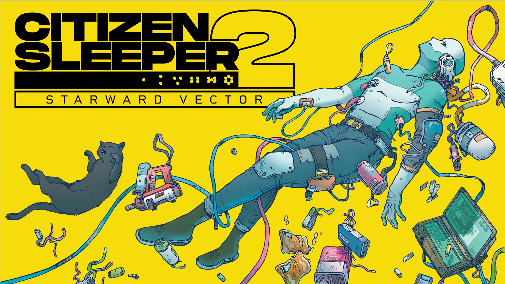 Title Card for Citizen Sleeper 2: Starward Vector. An android floats with a black cat in zero-gravity.
