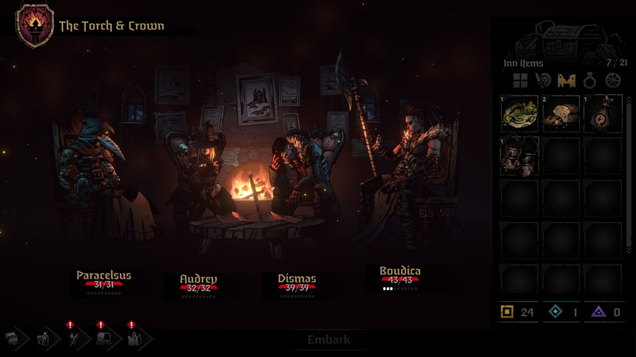 Party members sit, weary, around a fire in an inn in Darkest Dungeon II.