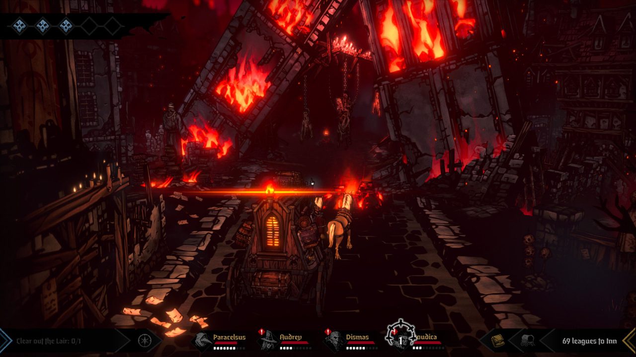 A party travels down cobblestone streets in a city aflame in Darkest Dungeon II.