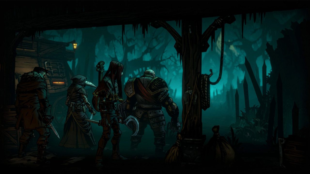 Four characters explore a misty bog-like area filled with gnarled trees in Darkest Dungeon II.