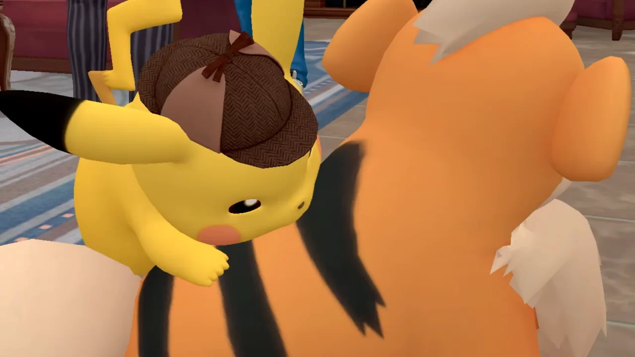 Detective Pikachu riding a Growlithe in Detective Pikachu Returns.