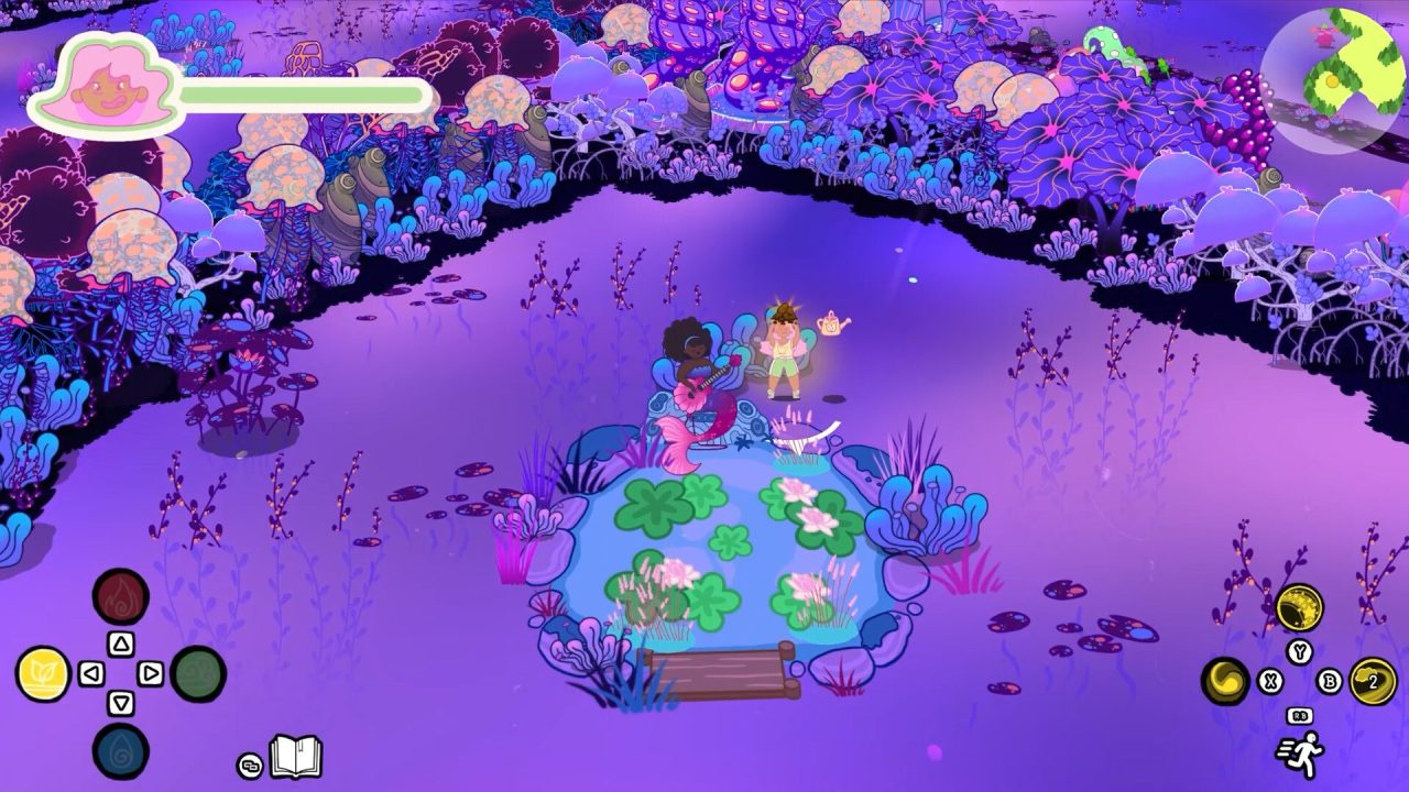 Grimoire Groves screenshot - Visiting the Siren at her pond. The surrounding environment is mostly blue and purple.