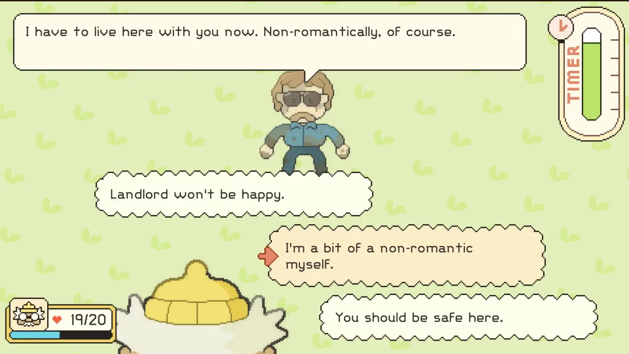 Screenshot of Hermit and Pig showing a conversation between Hermit and a friendly NPC.