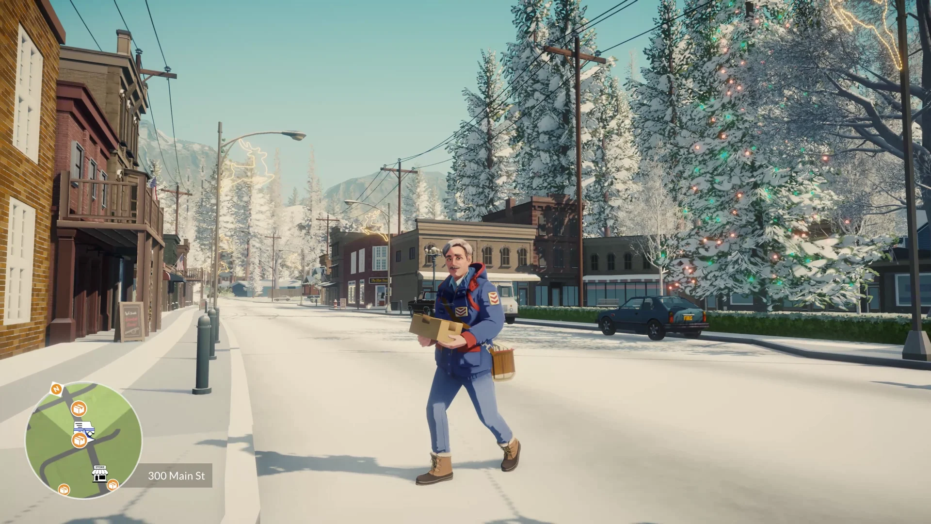 Lake: Season's Greetings screenshot of a silver-haired deliver man carrying a box through a cozy town during winter holidays
