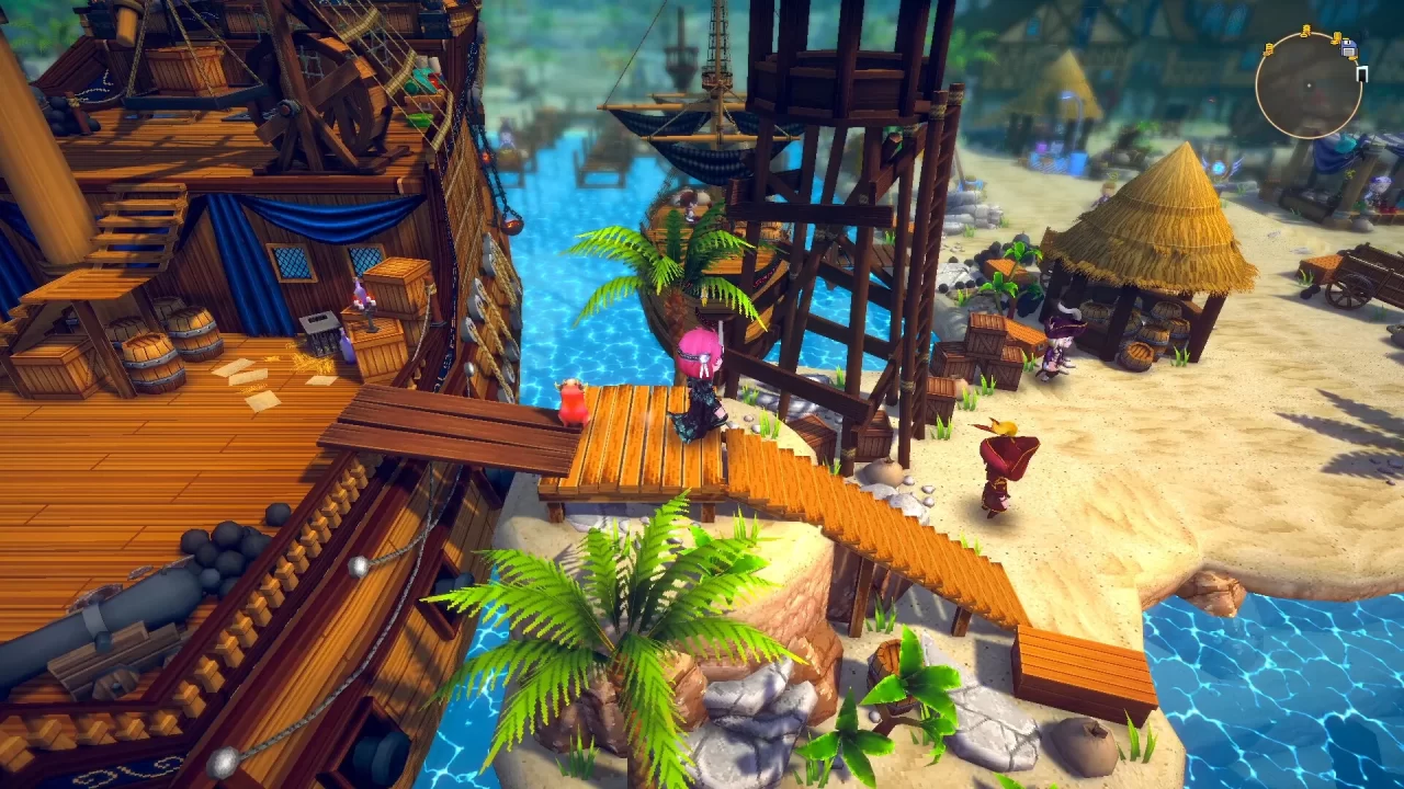 Noob: The Factionless screenshot of a pink-haired girl walking off the deck of a pirate ship onto a vibrant little beach community