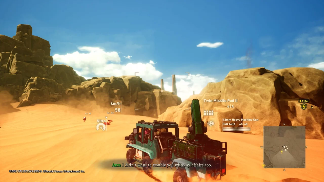 The main cast of Sand Land sets out on their adventure in a golf cart with a rocket launcher attached to its trailer.