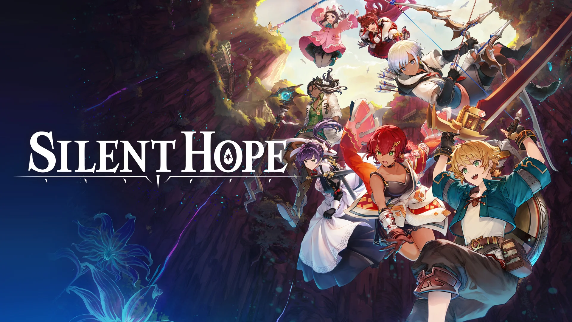 Silent Hope artwork of the seven protagonists leaping down a dark chasm with weapons drawn