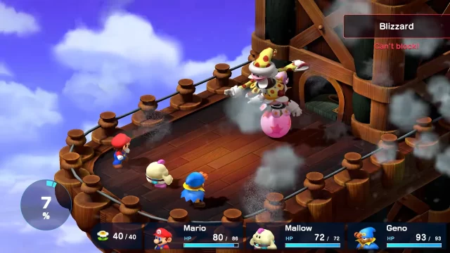 Mallow, Mario, and Gen battle on a high tower balcony against a circus-themed enemy in the kid-friendly Super Mario RPG.