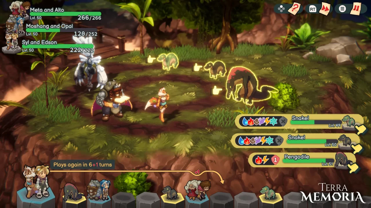 A screenshot of combat gameplay from Terra Memoria, targeting all the enemies, including two Snakes! and a Pengodile. 