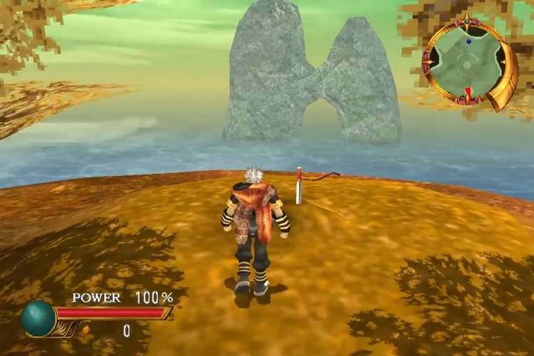 A screenshot of a man on a cliff in front of a sword in the ground in Evergrace