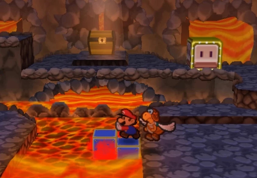 A screenshot of Mario and a Paratroopa in a volcano in Paper Mario