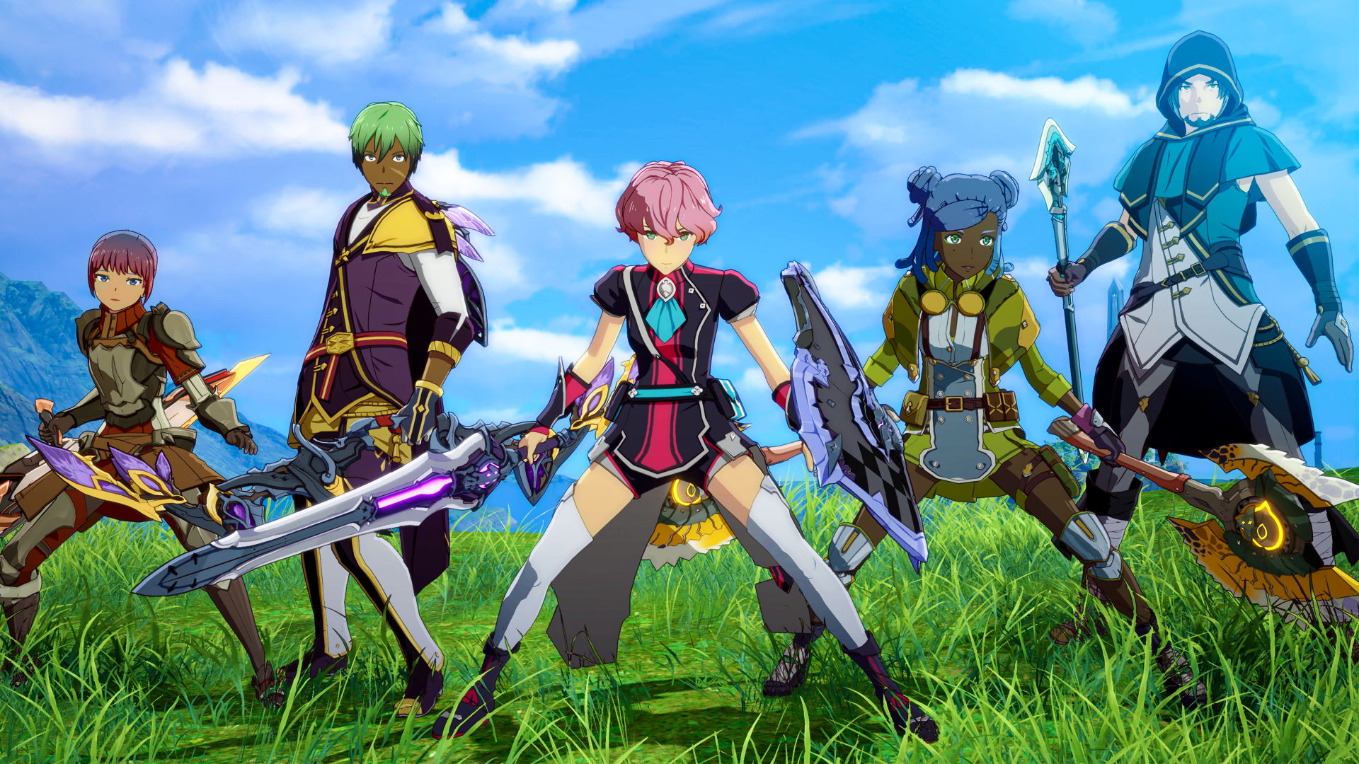 Blue Protocol screenshot of five diverse characters in a grassy field wielding swords, shields, staves, and more