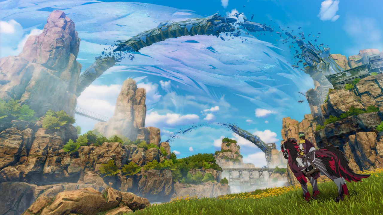 Blue Protocol screenshot of a character on a horse in a lush field surrounded by rocky cliffs looking up at shattered floating archways