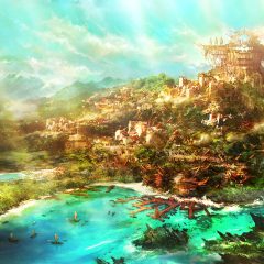 Final Fantasy XIV: Dawntrail Artwork of a bright city on a hill surrounded by waterfalls, forest, and mountains