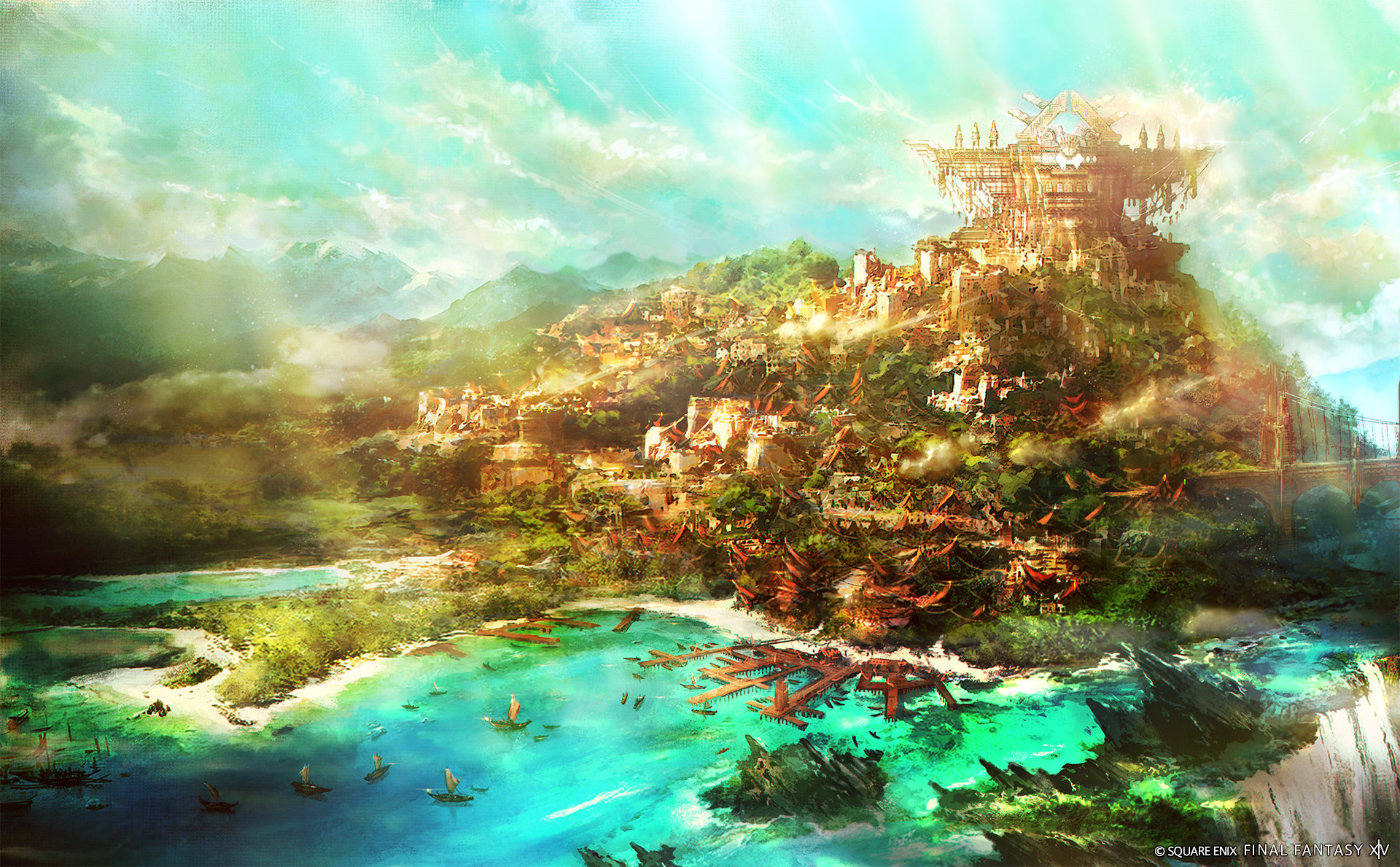 Final Fantasy XIV: DawnTrail -konstverk av en ljus stad på en kulle omgiven av vattenfall, skog och berg