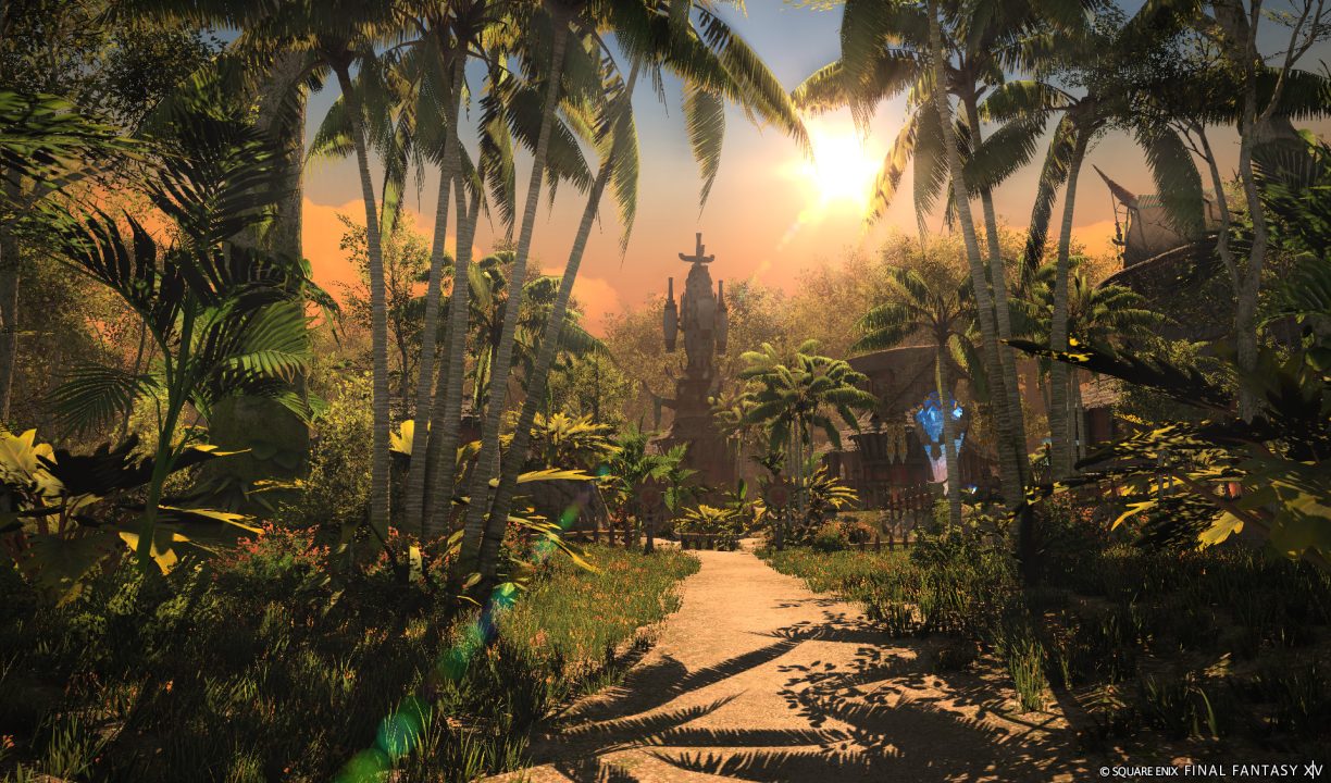 Final Fantasy XIV: Dawntrail Screenshot of a town in a lush jungle at sunset