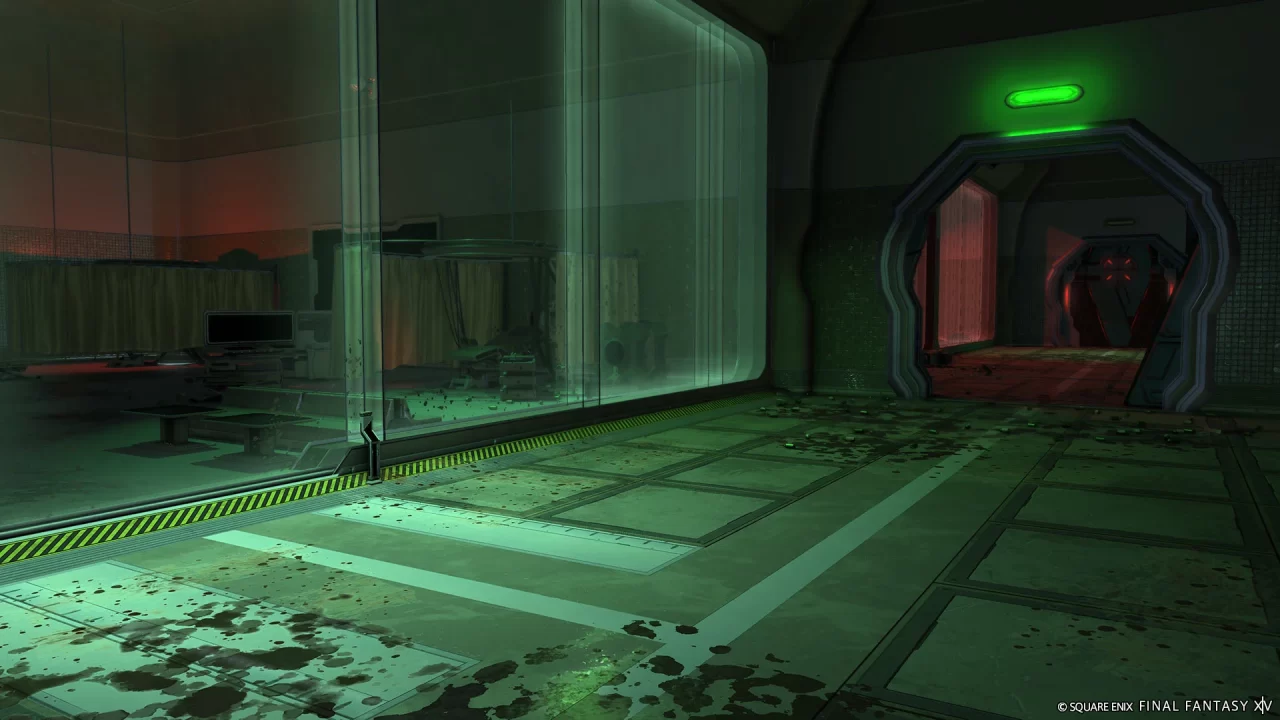 Final Fantasy XIV Dawntrail Patch 7.1 screenshot of a dimly green lit hallway with splotches of blood and ominous hospital curtains strewn about.