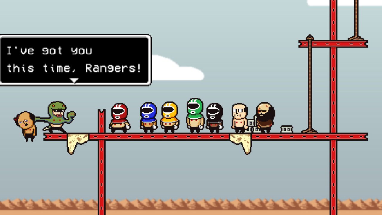 Brad stands behind the Power Rangers as they face off against a man in a snake suit holding another man off of a ledge.