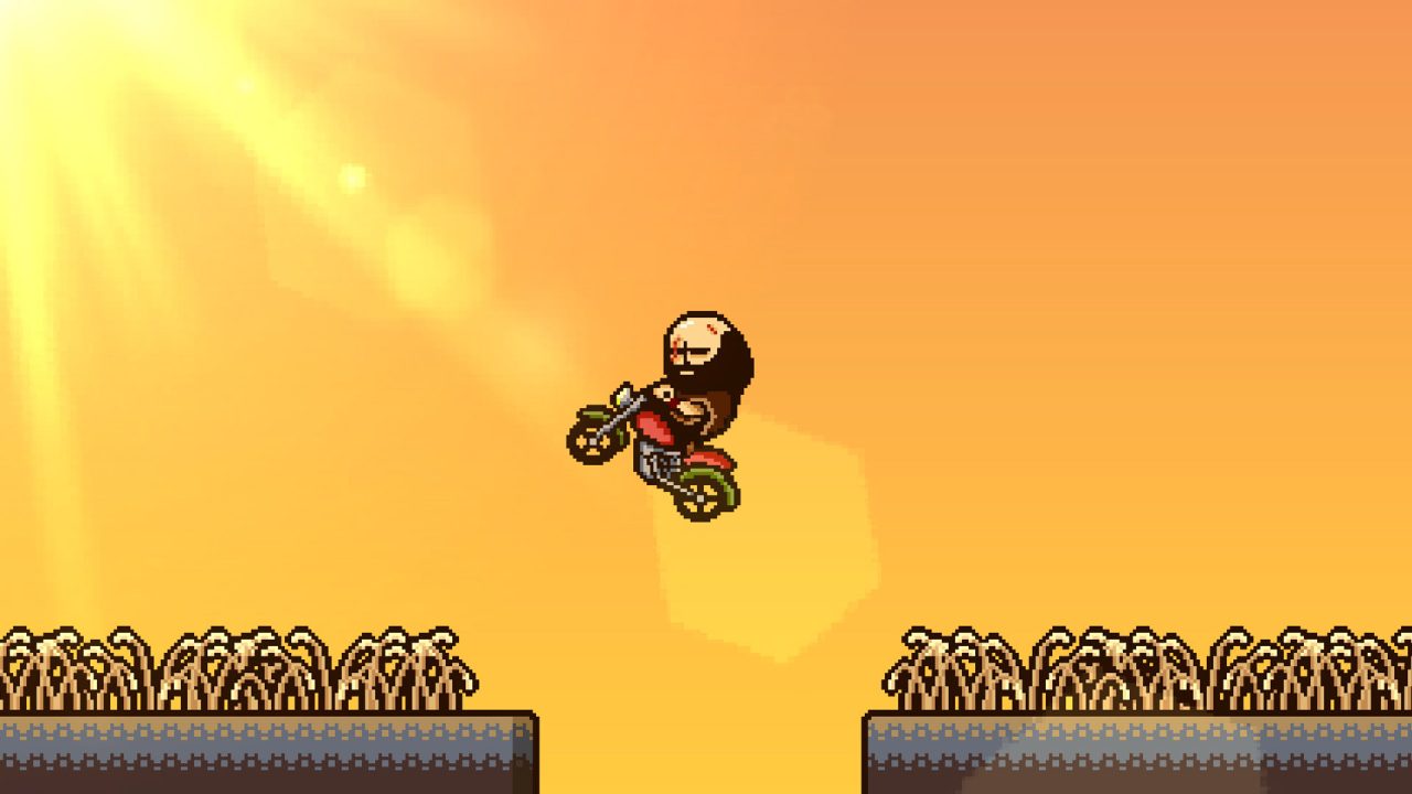 Brad is flying through the air on a motorcycle with the sun radiating behind him.