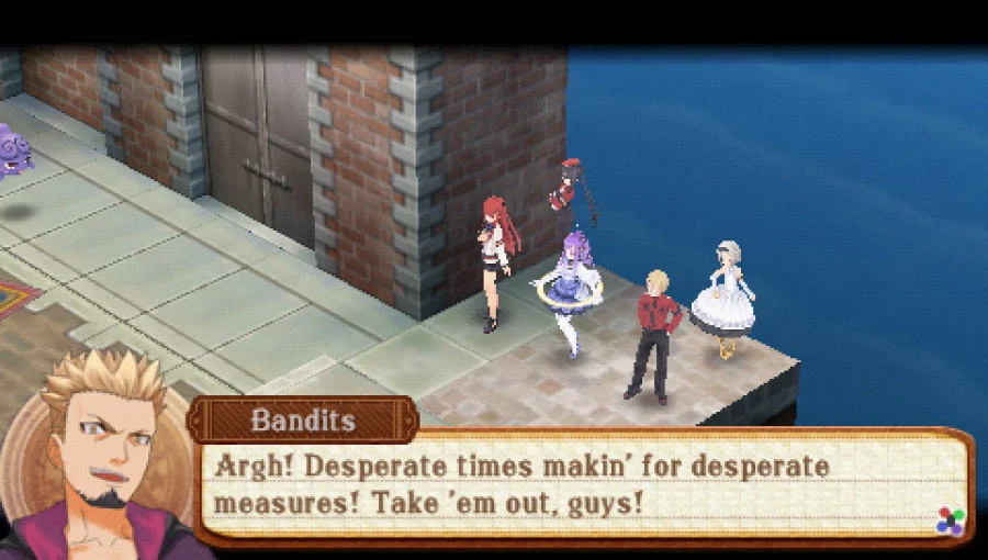A screenshot of the party being threatened by bandits in Summon Night 5