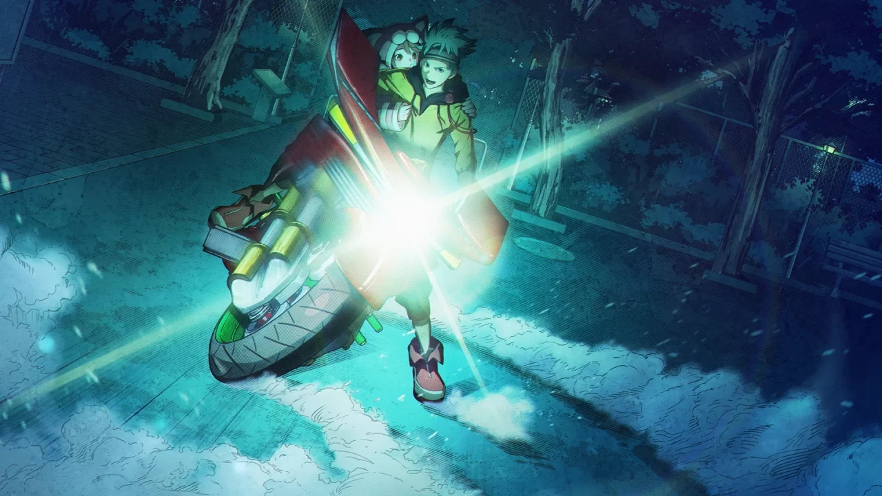 A screenshot from Anonymous Code of Pollon and Momo on a bike facing the screen