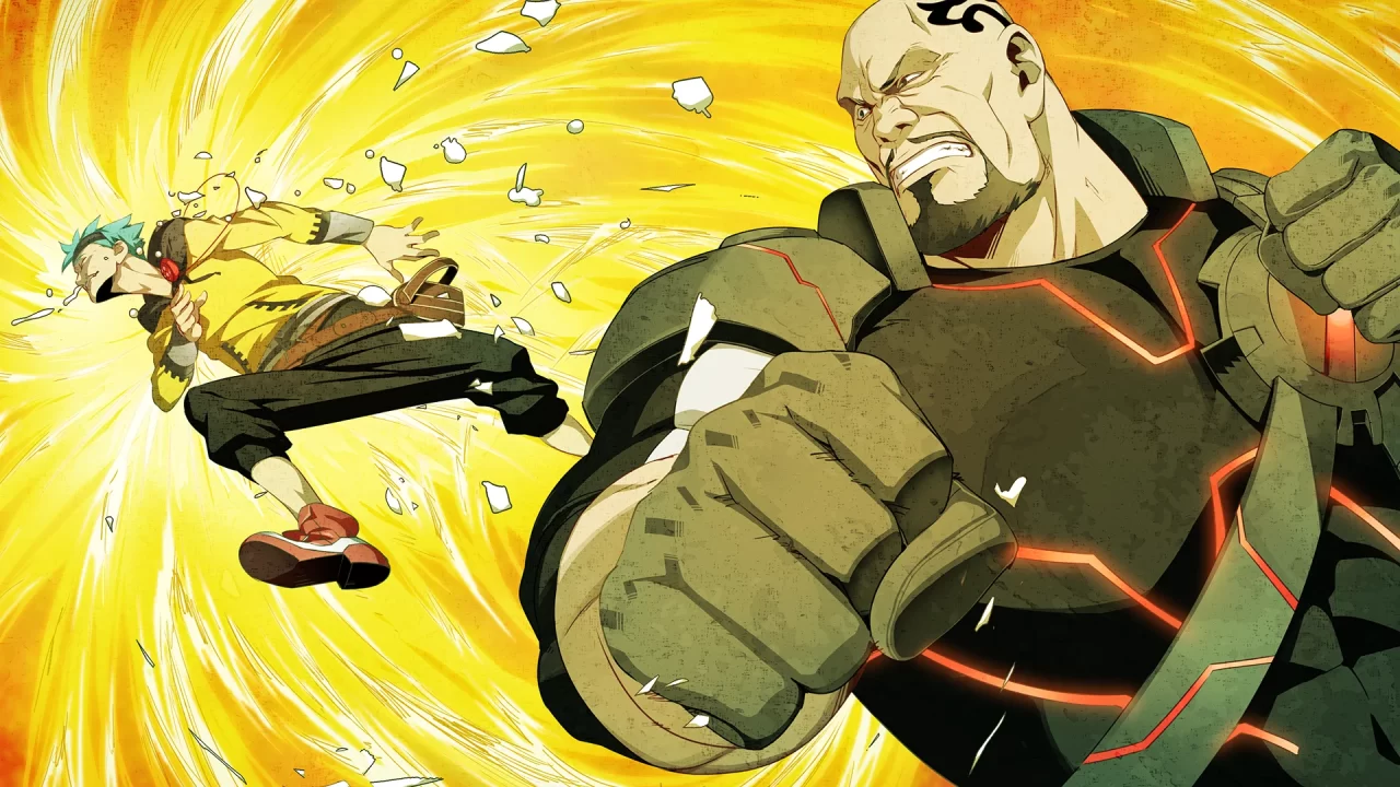 A screenshot of a man punching Pollon in Anonymous;Code
