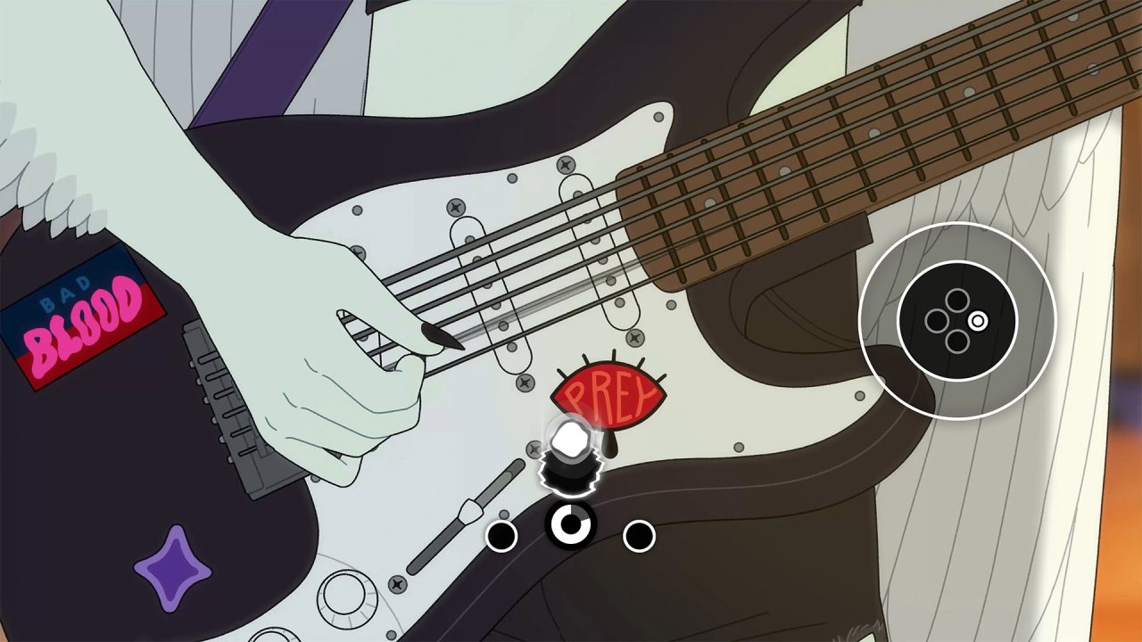 Fang is playing guitar while the rhythm game UI is up showing off the various button presses required to get through the segment.