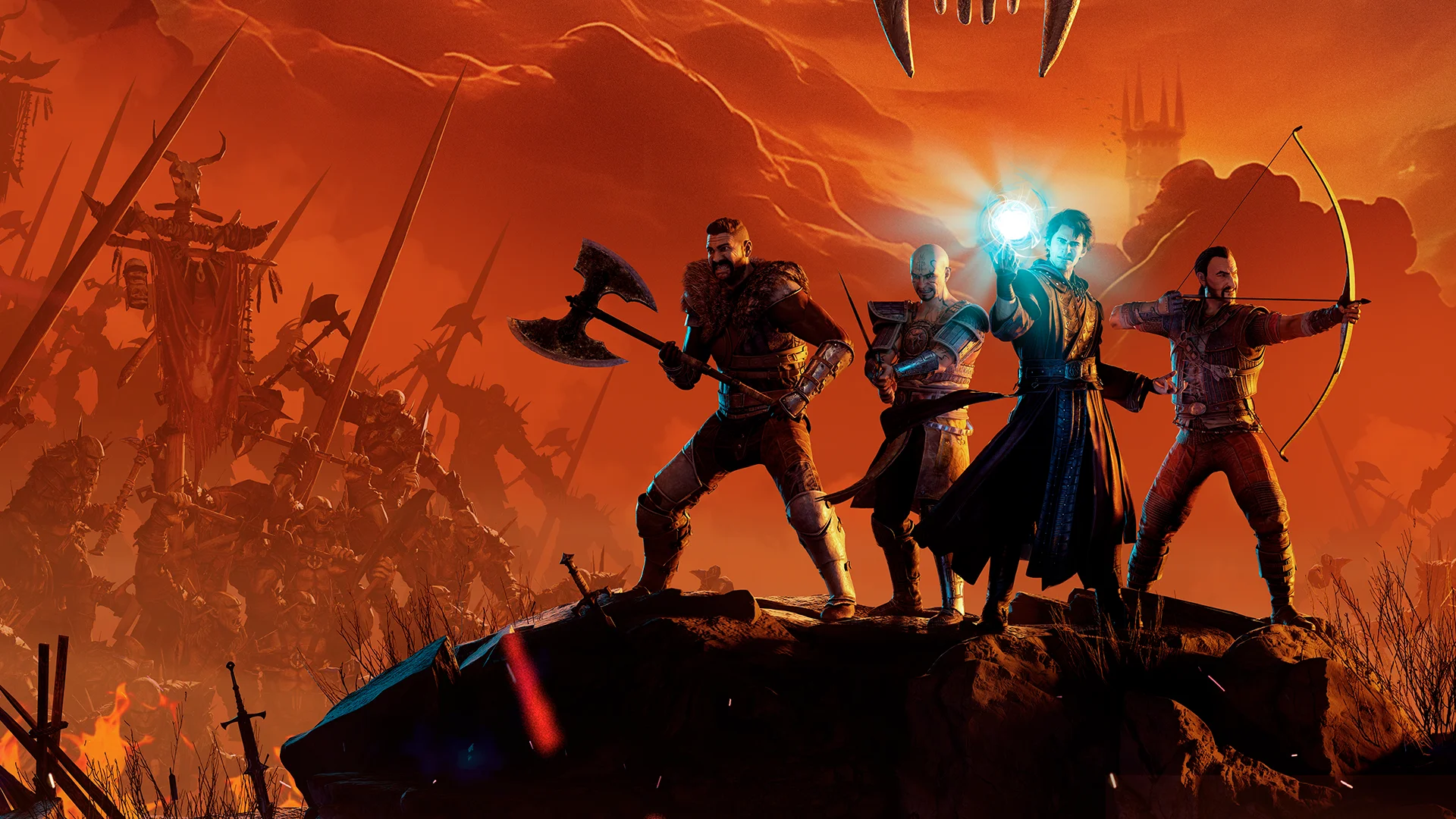 Gothic 1 Remake art of four men on a rocky outcrop holding position inside a swarm of monsters, as one of the RPGs coming this week.
