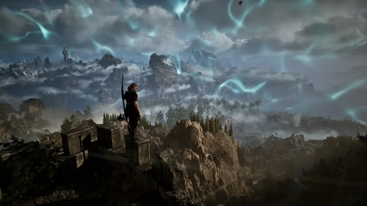 Gothic 1 Remake screenshot of an archer on a stone tower overlooking a mountainous forested land with wispy light dancing in the air.
