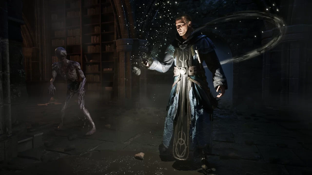 A man in robes with a magical light around him next to a walking corpsified creature in a dark library in Gothic 1 Remake.