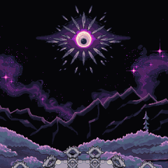 A screenshot of a purple eye in a dark sky in Hymn of the Earless God