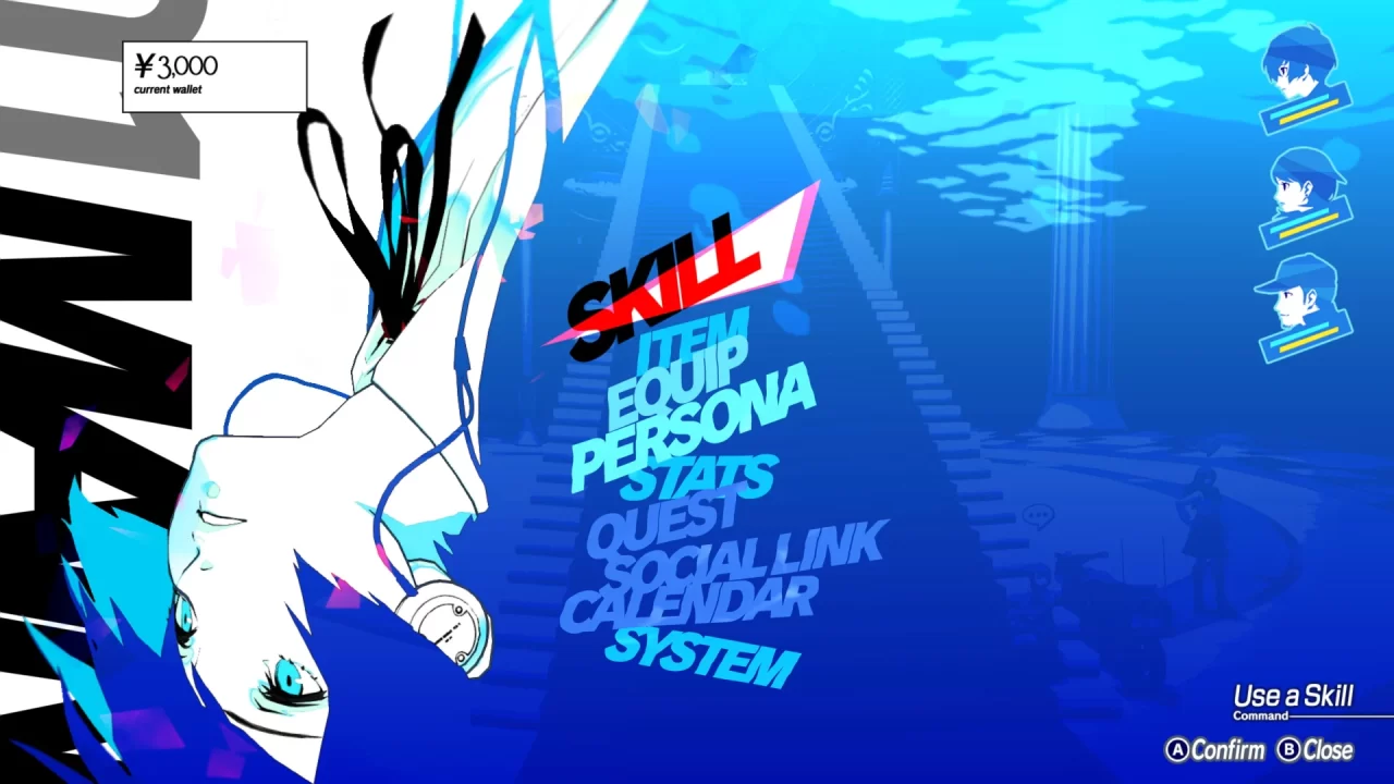 A screen of the game's stylistic menu, with a blue background and the protagonist's face upside-down.