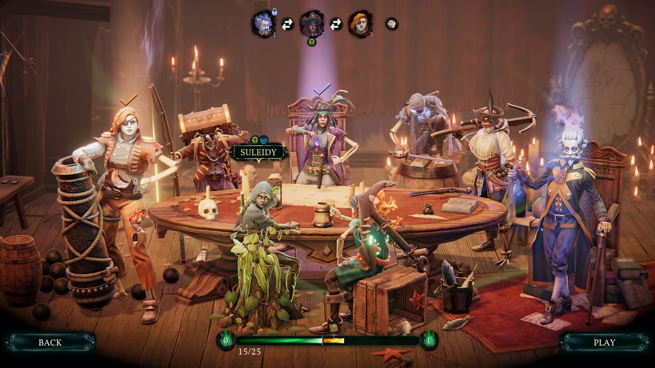 The selection of crewmates for a mission. Cursed pirates with exaggerated designs surround a table.