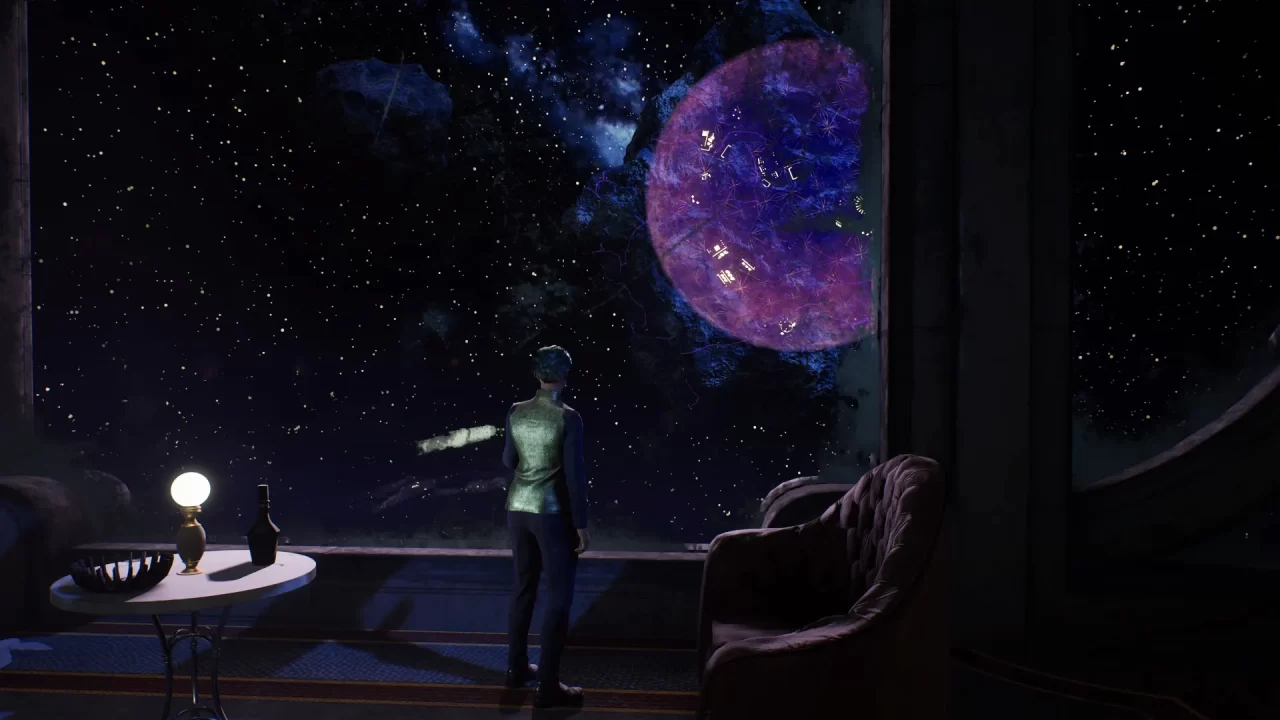 An NPC overlooks a stunning view of space and a nearby shield-covered asteroid station.