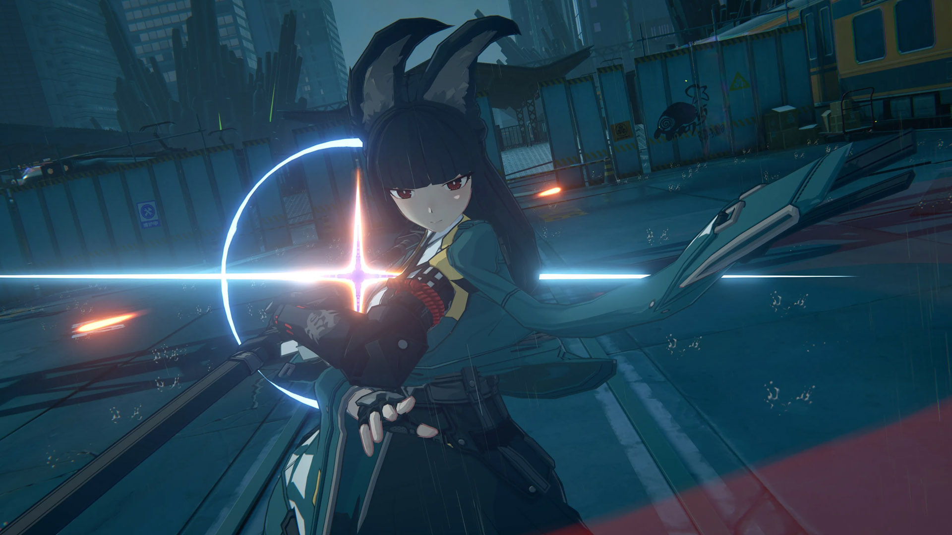 A screenshot of Zenless Zone Zero depicting a fox-eared woman unsheathing her sword, the blade covered in an iridescent orange-and-blue refraction, signifying a special attack.