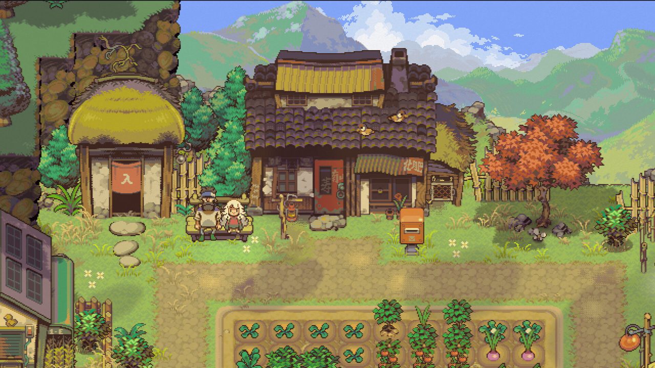 Screenshot from the game Eastward - Octopia. The screenshot is of the game's farm with the game's protagonists, John and Sam, sitting on a bench.